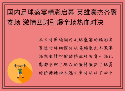 国内足球盛宴精彩启幕 英雄豪杰齐聚赛场 激情四射引爆全场热血对决